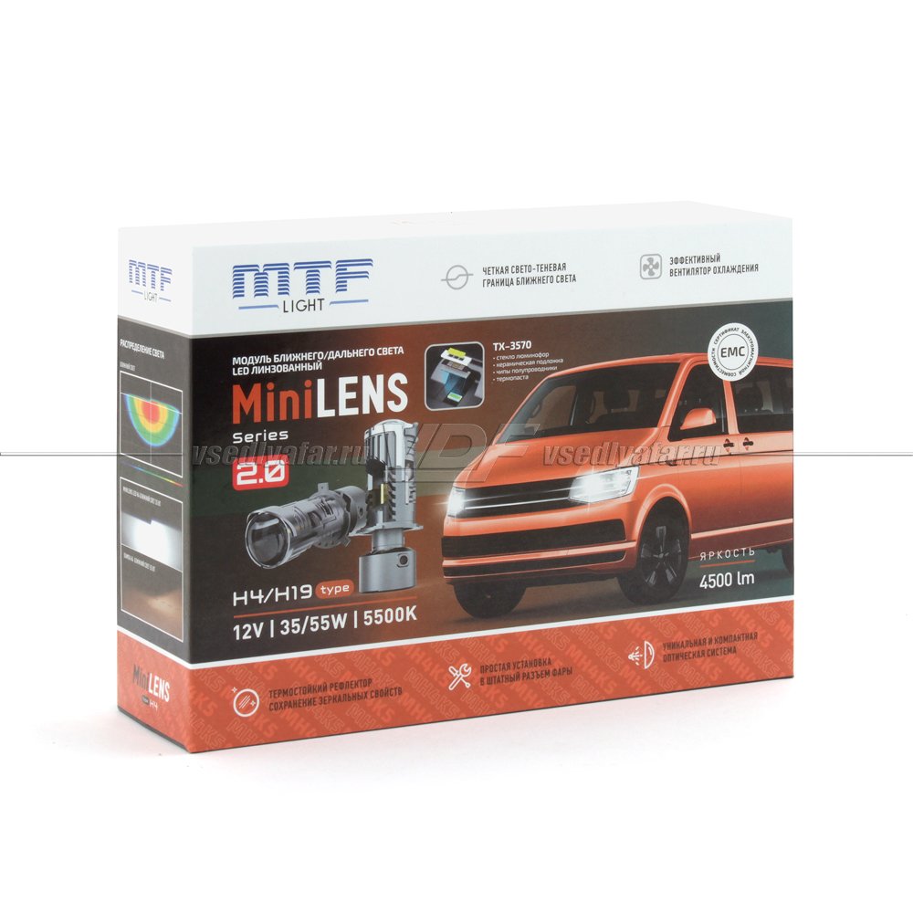 Светодиодные линзы MTF LIGHT MINILENS H4/H19, 12V, 30/45W, 5500K (комплект 2 шт) MH4K5