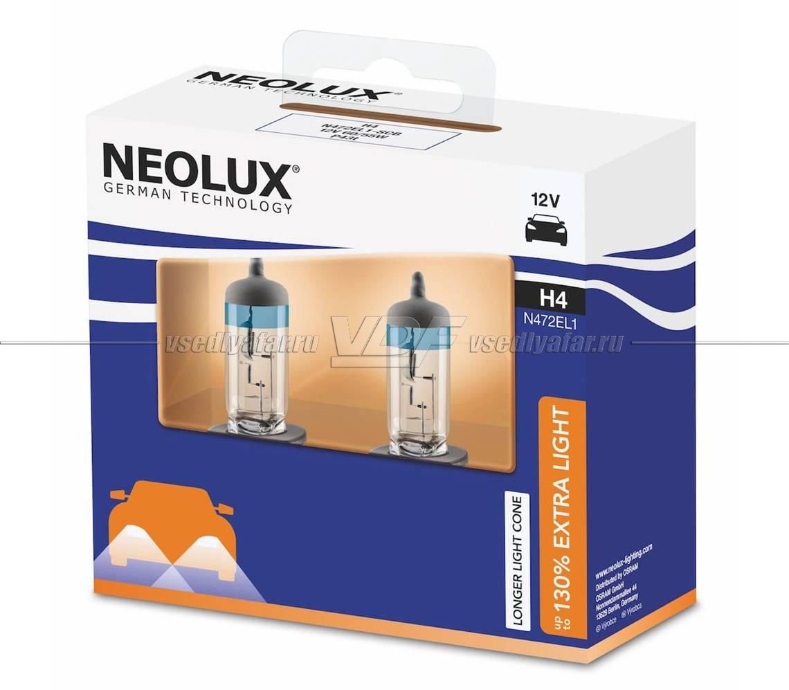 Лампа галогенная Neolux H4 12V-55W (+130% света) Extra Light DuoBox, 2 шт, N472EL1-2SCB