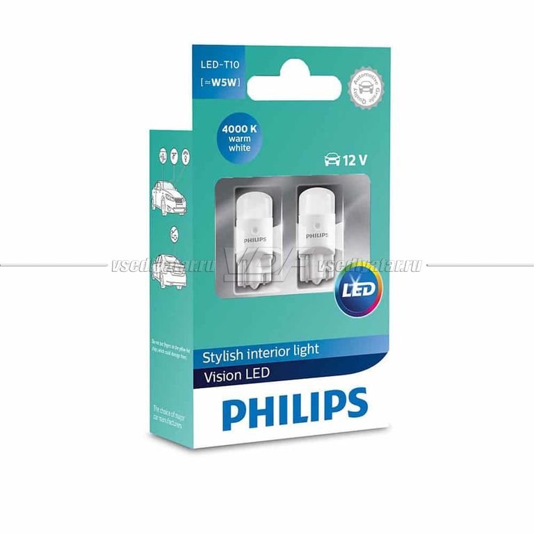 Светодиодные лампы PHILIPS T10 4000K W5W 12V-1W LED  2шт, 11961ULW4X2