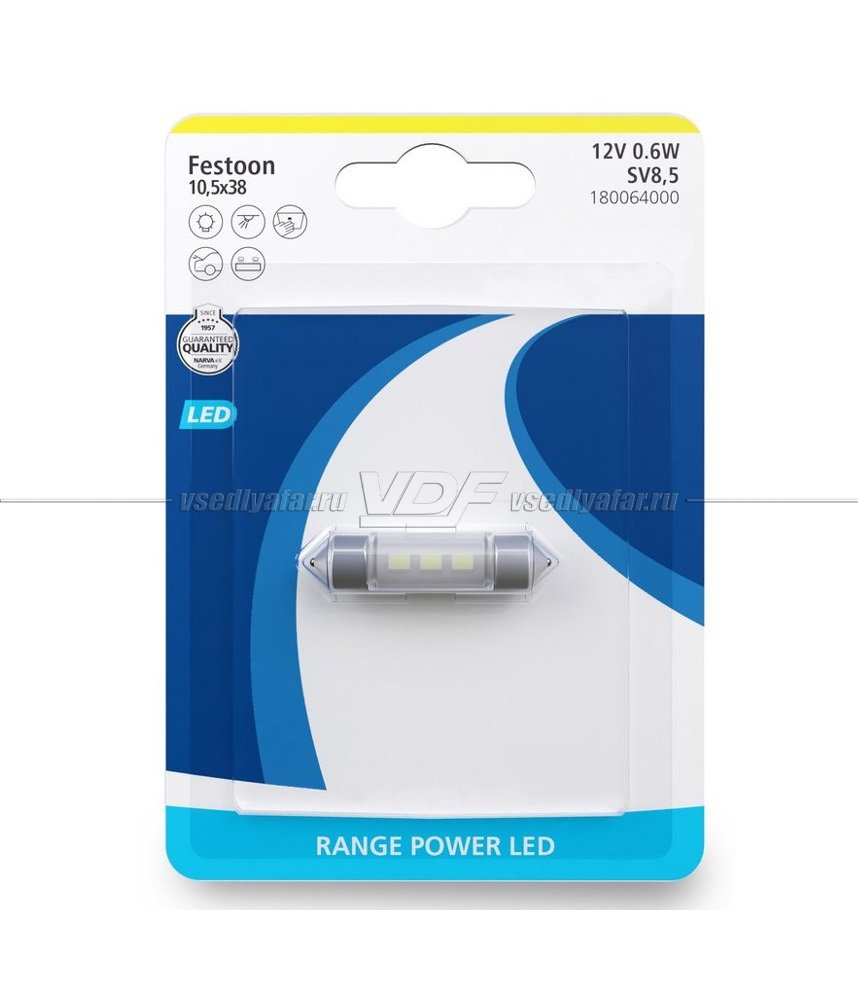 Светодиодные лампы NARVA С5W 38 мм T10,5/38 12V-0,6W LED 6000K, 1шт, 18006