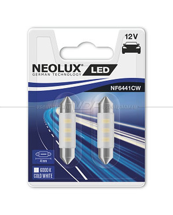 Светодиодные лампы NEOLUX COLD WHITE LED C5W, 41 мм, 6000K 12V, 2 шт.,  NF6441CW-02B