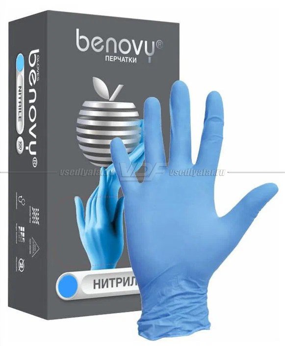 Перчатки нитриловые неопудренные Benovy голубые, р.L, 100 пар (200шт) 