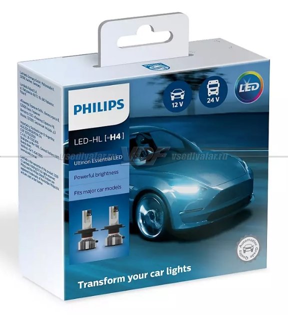 Лампа светодиодная PHILIPS H4 Ultinon Essential LED 6500K, 2 шт, 11342UE2X2