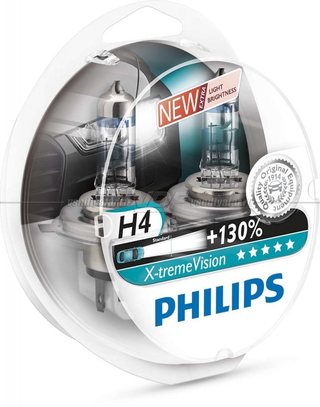 Лампа галогенная PHILIPS H4 X-treme Vision +130% 12V 60/55W (P43t), 2 шт., 12342XVS2