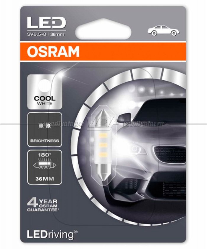 Светодиодная лампа OSRAM Standart Cool White C5W, 36 мм, 6000K 12V, 1 шт. 