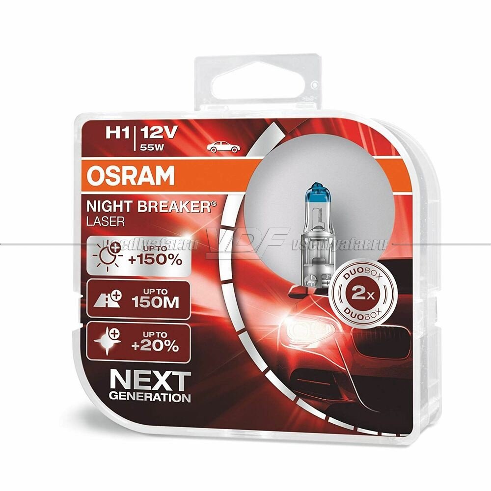 Лампа галогенная OSRAM H1 Night Breaker Laser 12V 55W, 2 шт, 64150NL-HCB