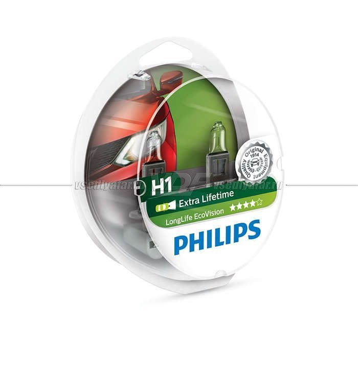 Лампа галогенная PHILIPS H1 LongLife EcoVision 12V 55W, 2 шт., 12258LLECOS2