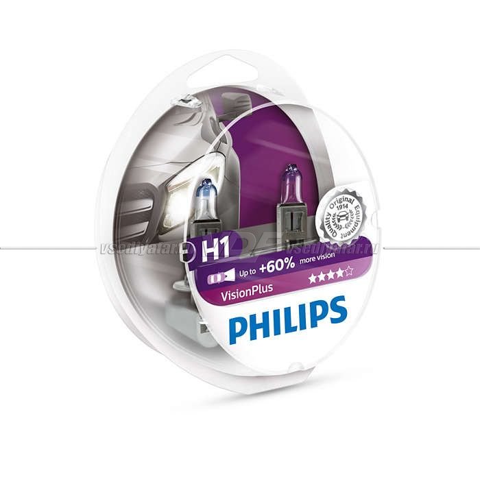 Лампа галогенная PHILIPS H1 Vision Plus 12V 55W, 2 шт, 12258VPS2