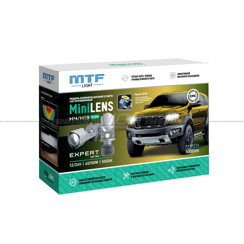 Светодиодные линзы MTF LIGHT MINILENS EXPERT H4/H19, 12V/24V, 40/50W, 5500K (комплект 2 шт) MH4K5E