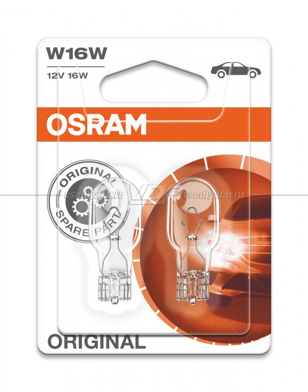 Лампа галогенная OSRAM W16W (W2.1*9.5d), 2шт, 12V, 921-02B