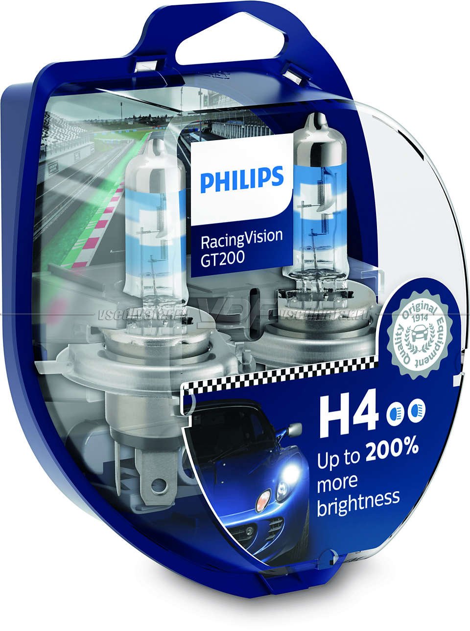 Лампа галогенная PHILIPS H4 Racing Vision GT200 +200% 12V 60/55W (P43t), 2 шт., 12342RGTS2