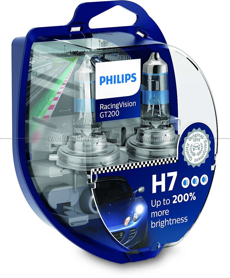 Лампа галогенная PHILIPS H7 Racing Vision GT200 +200% 12V 55W (PX26d), 2 шт., 12972RGTS2