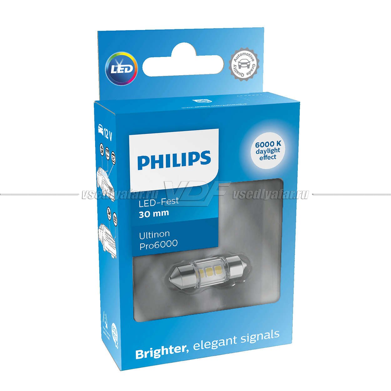 Светодиодная лампа PHILIPS C5W LED 30мм White Ultinon Pro6000 LED 6000K 100лм 12V, 1шт, 11860CU60X1