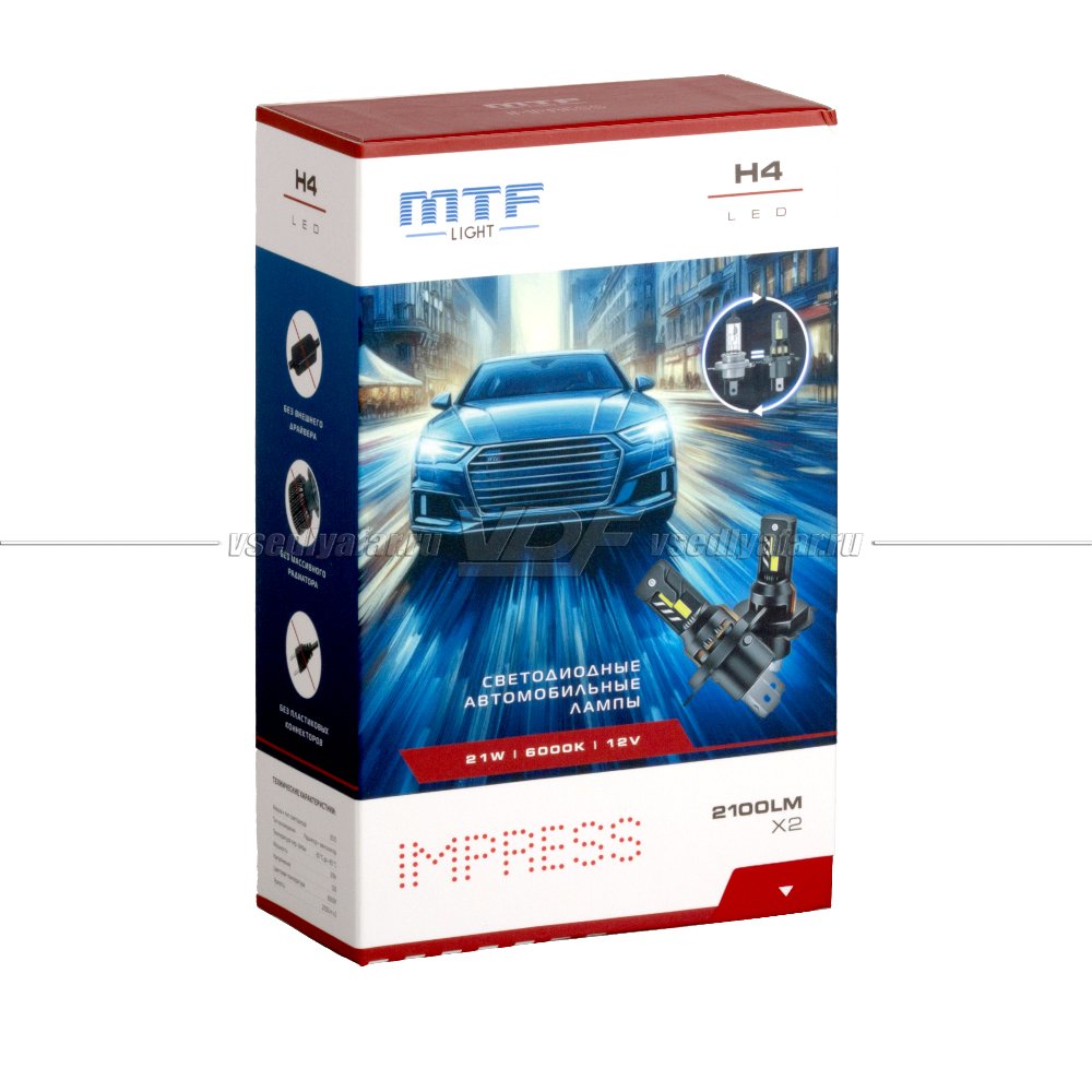 Светодиодные лампы MTF Light IMPRESS H4 6000K 12V, 21W, 2шт, HT04K6