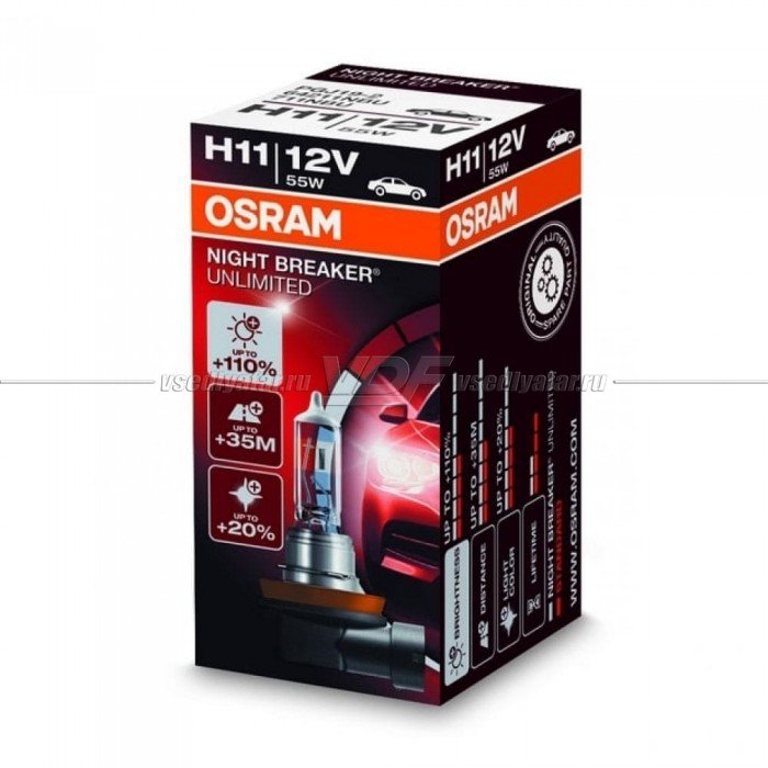 Лампа галогенная OSRAM H11 Night Breaker Unlimited 12V 60/55W, 1шт., 64211NBU