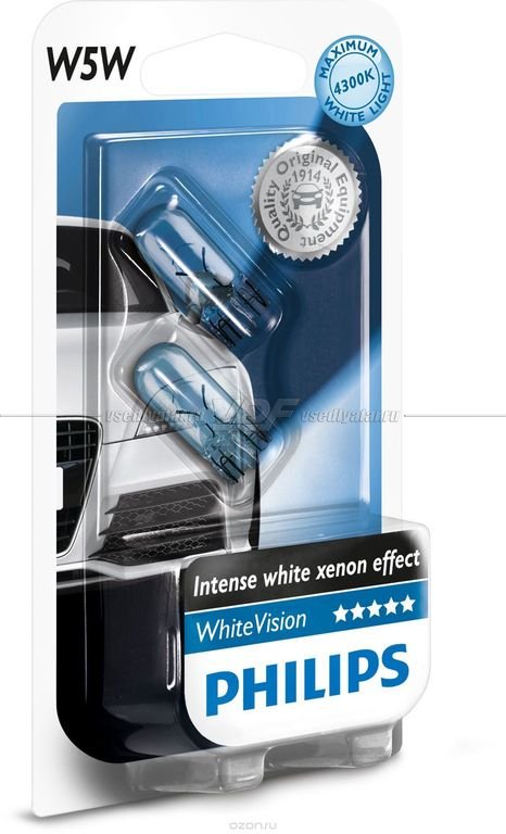 Лампа накаливания PHILIPS W5W White Vision 12V 5W, 2шт, 12961NBVB2