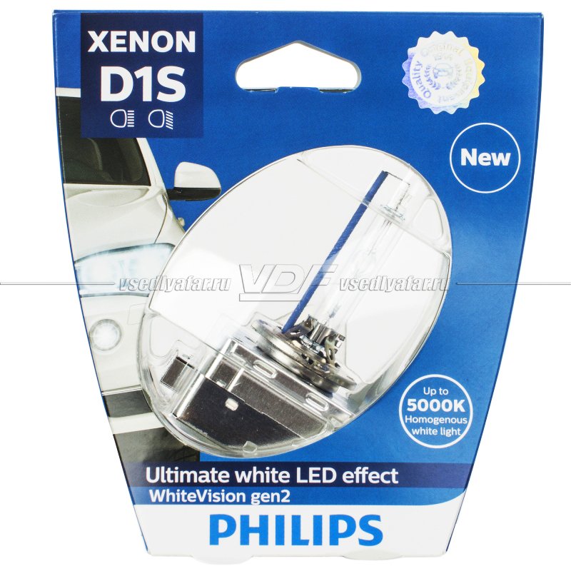 Ксеноновая лампа PHILIPS D1S WhiteVision gen2 5000K 85V 35W, 1шт, 85415WHV2S1