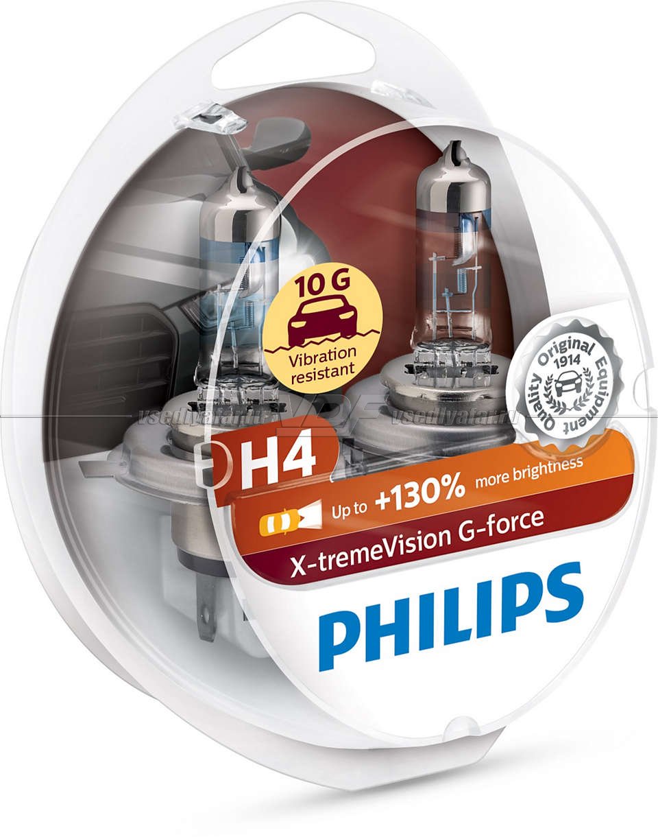 Лампа галогенная PHILIPS H4 X-treme Vision G-force 12V 60/55W (P43t) 2шт, 12342XVGS2