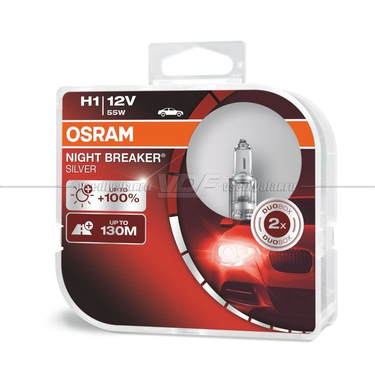 Лампа галогенная OSRAM H1 Night Breaker Silver 12V 55W, 2 шт, 64150NBS-HCB