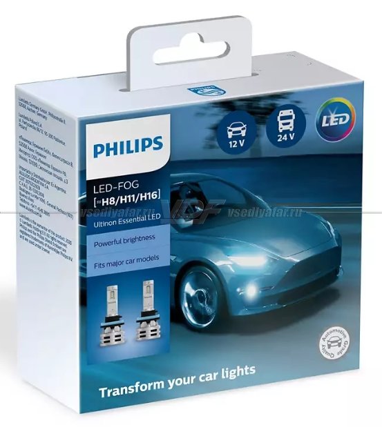 Лампа светодиодная PHILIPS H11/H8/H16 Ultinon Essential LED Fog 12V LED 6500K, 2 шт, 11366UE2X2