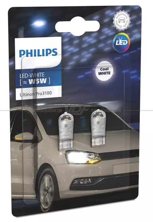 Светодиодные лампы PHILIPS T10 W5W 12V-0,74W W2,1x9,5d Ultinon Pro3100 LED 6500K, 2шт, 11961CU31B2