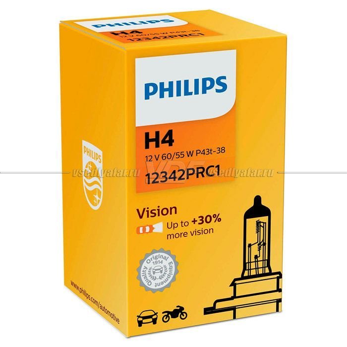 Лампа галогенная PHILIPS H4 Vision 12V 60/55W, 1шт, 12342PRC1