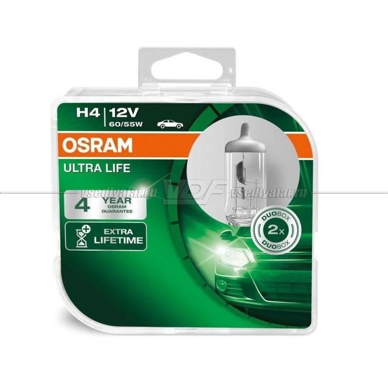 Лампа галогенная OSRAM H4 Ultra Life 12V 60/55W, 2шт., 64193ULT-HCB