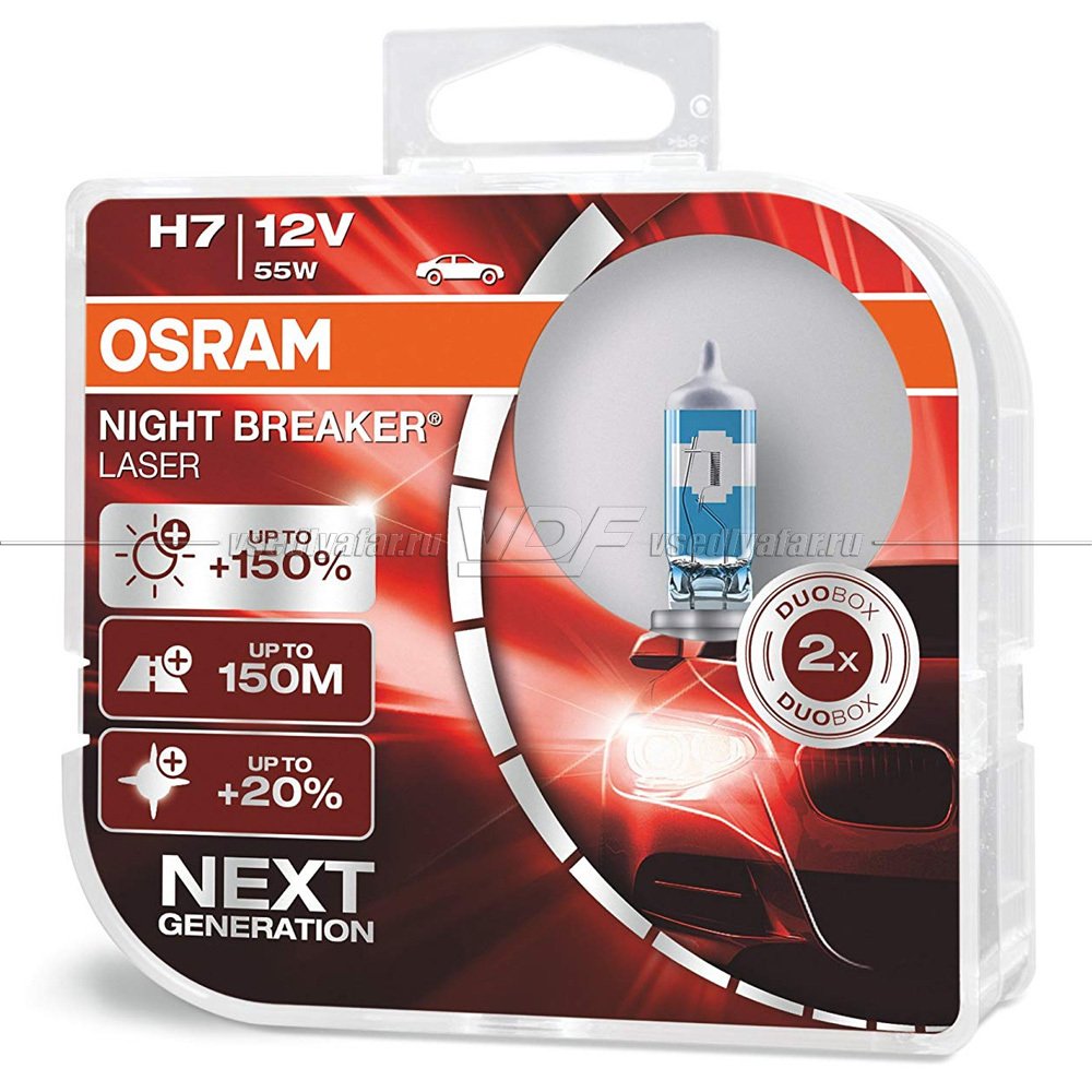 Лампа галогенная OSRAM H7 Night Breaker Laser 12V 55W, 2шт., 64210NL-HCB