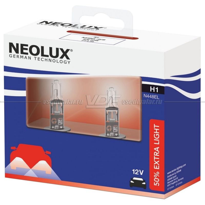 Лампа галогенная Neolux Neolux H1 12V-55W (+50% света) Extra Light DuoBox, 2 шт, N448EL-2SCB