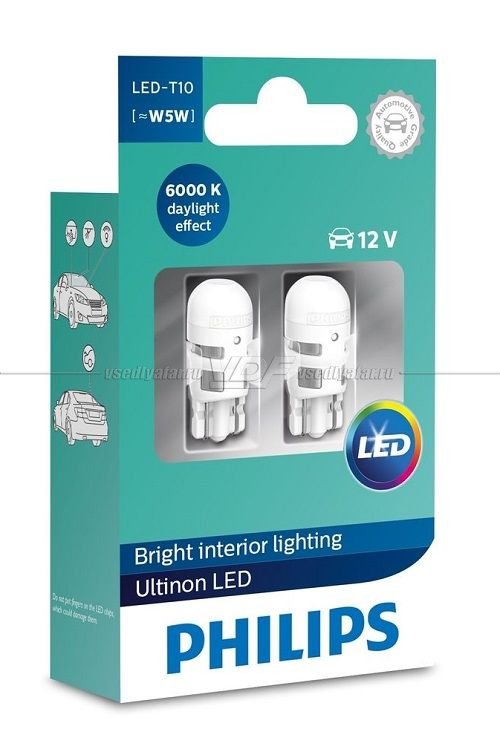 Светодиодные лампы PHILIPS T10 6000K W5W 12V-1W LED, 2шт, 11961ULWX2