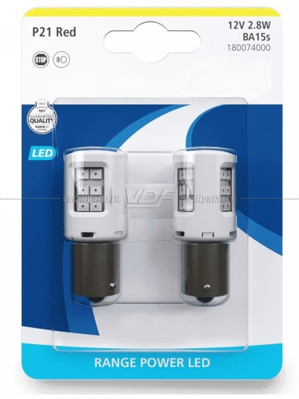 Светодиодные лампы NARVA P21W 12V Range Power LED (BA15s) RED 2шт, 18007