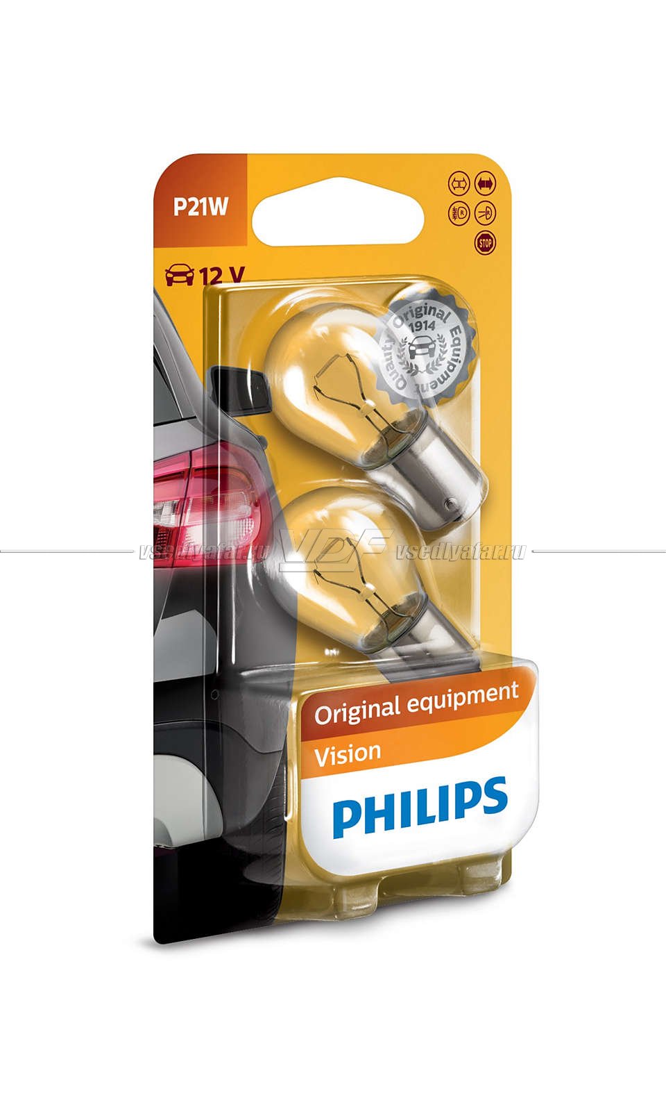 Лампа накаливания PHILIPS P21W Vision 12V 21W, 2 шт, 12498B2