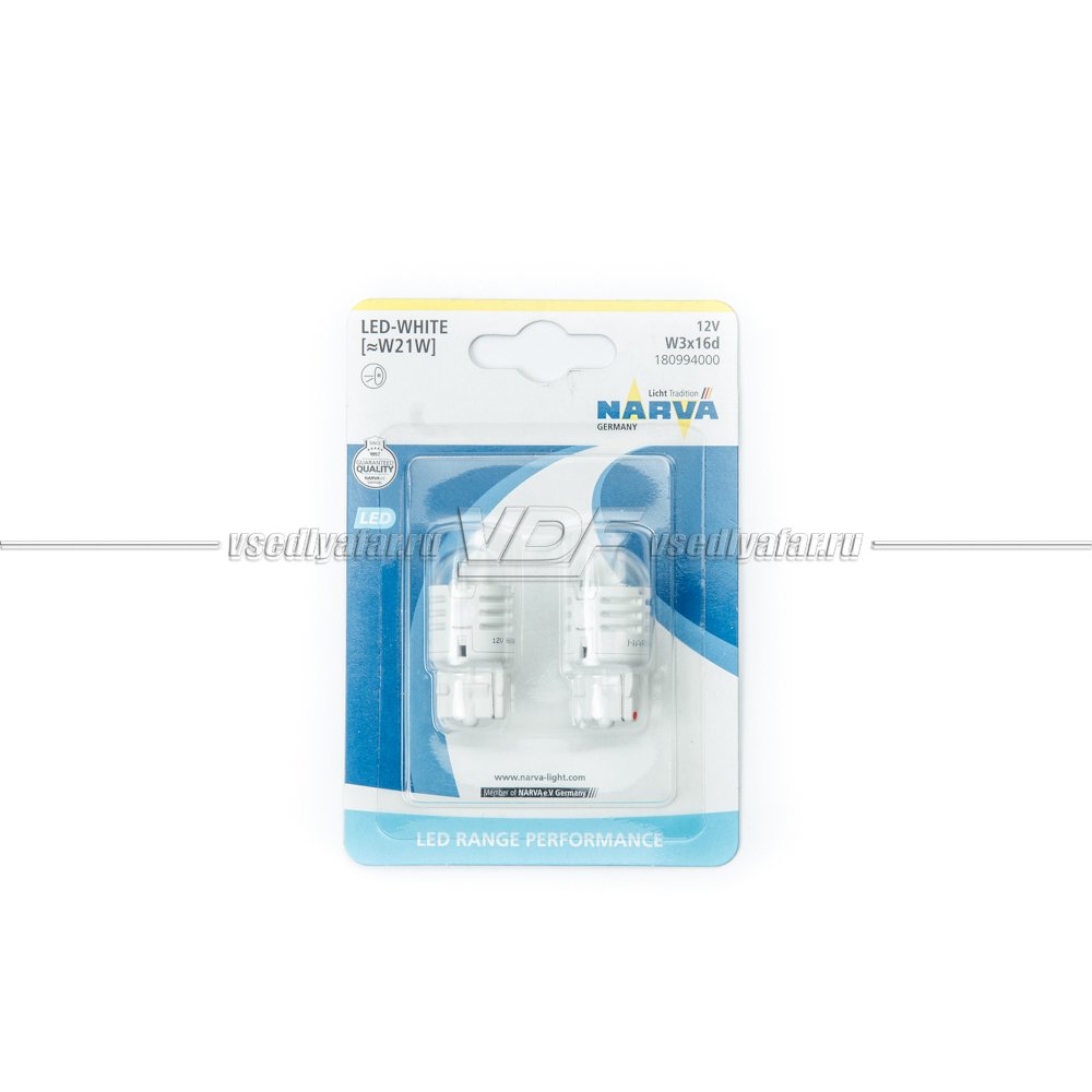 Светодиодные лампы NARVA W21W LED white 12V Range Performance LED (W3x16d) 6500К 2шт, 18099
