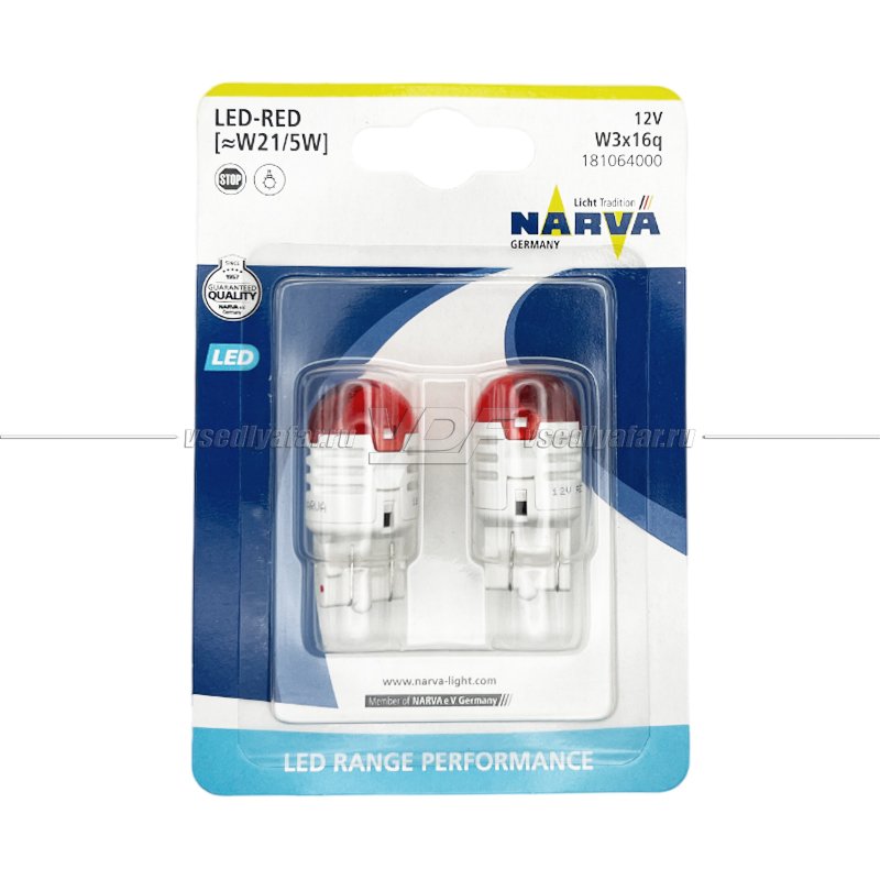 Светодиодные лампы NARVA W21/5W 12V Range Performance LED (W3x16q) RED 2шт, 18106