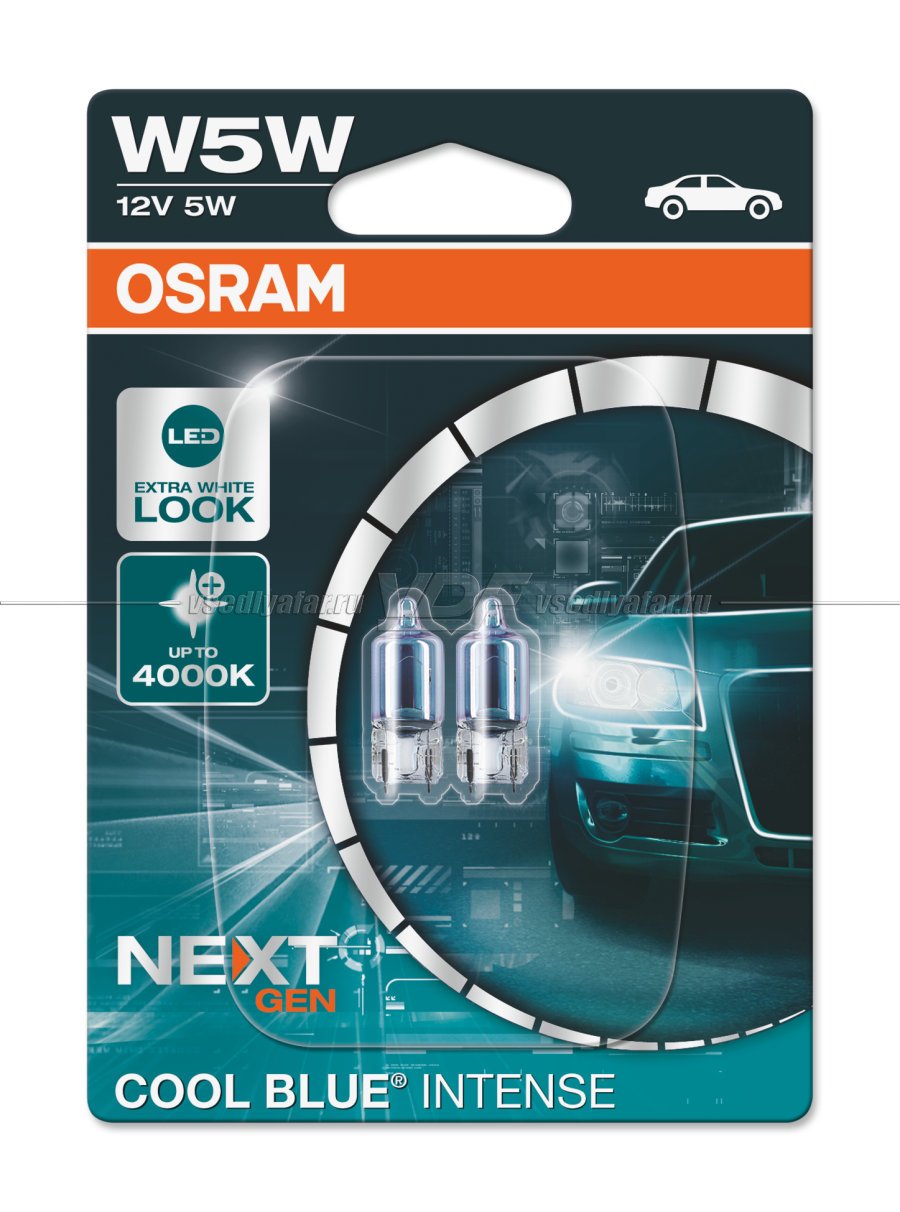 Лампа накаливания OSRAM W5W Cool Blue Intense (NEXT GEN) 4000K 12V 5W, 2 шт,  2825CBN-02B