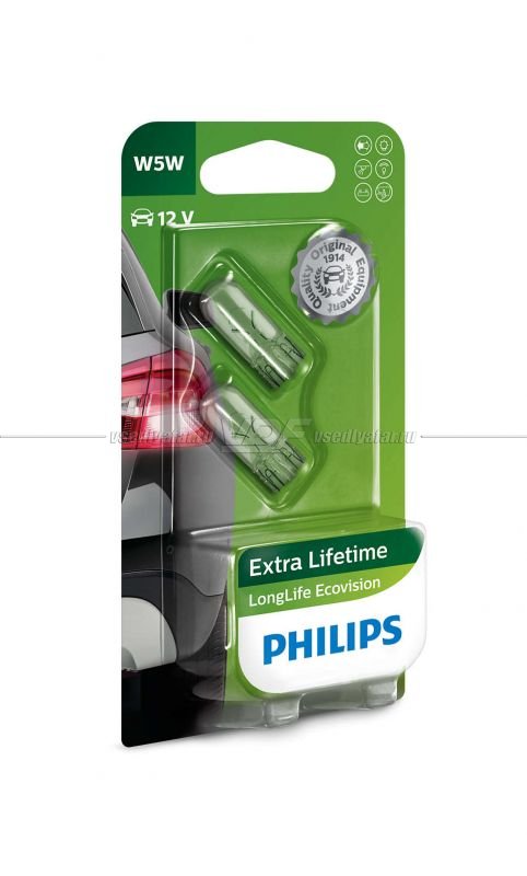 Лампа накаливания PHILIPS W5W LongLife EcoVision 12V 5W, 2шт, 12961LLECOB2