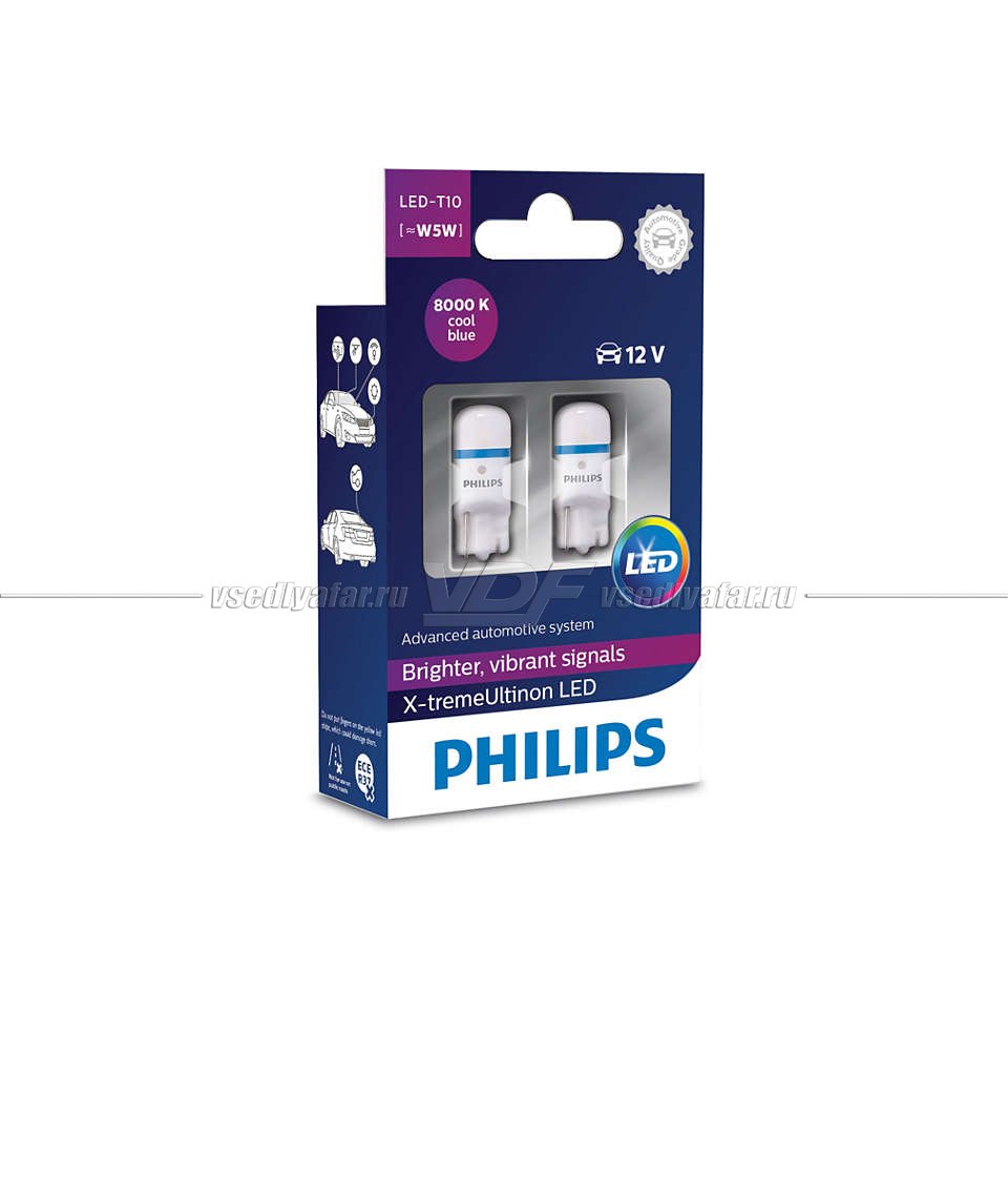 Светодиодные лампы PHILIPS T10 X-tremeUltinon LED 8000K, 2 шт, 127998000KX2