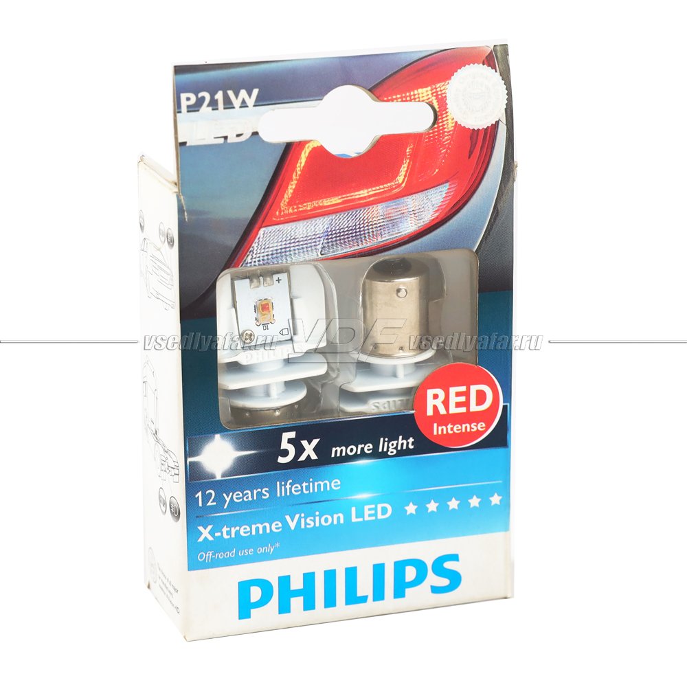 Светодиодные лампы PHILIPS X-tremeVision RED LED P21W, 12/24V 2W, 2 шт.