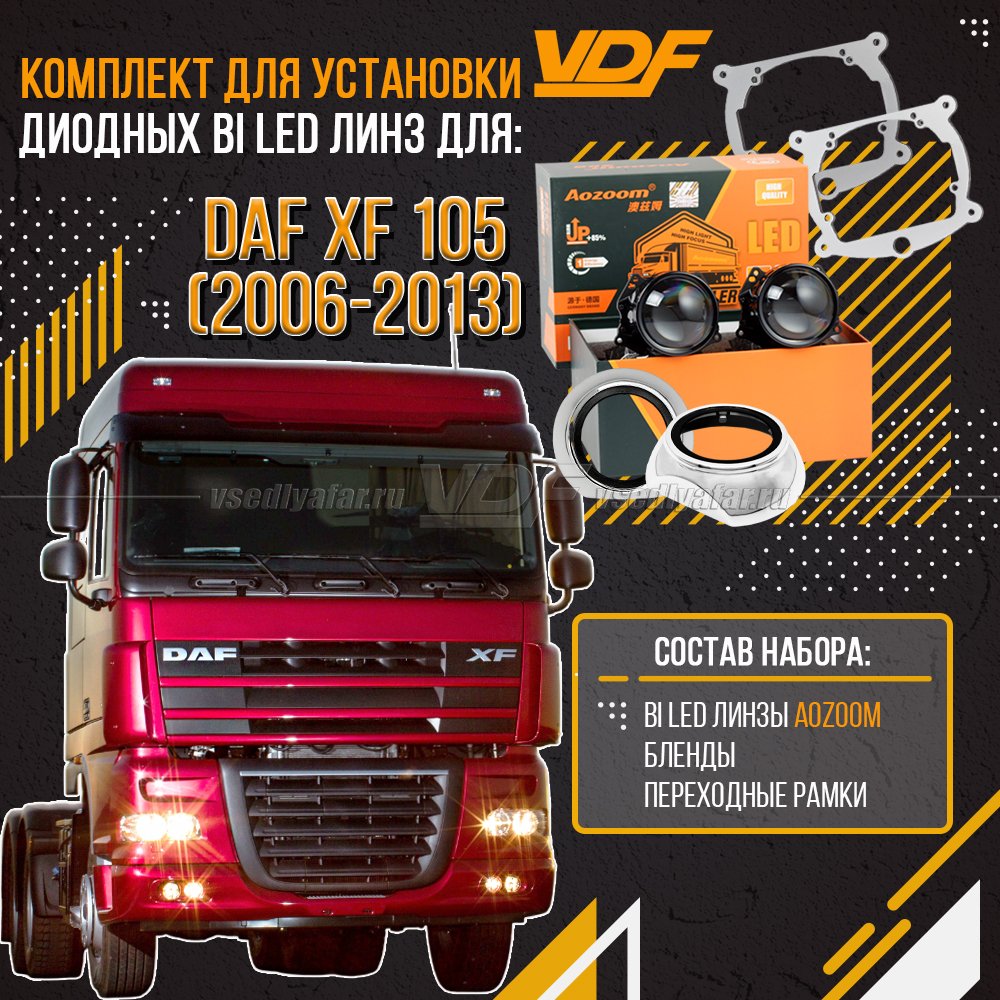 Комплект LED линз для установки в фары DAF XF105 2006-2013 c Габаритом