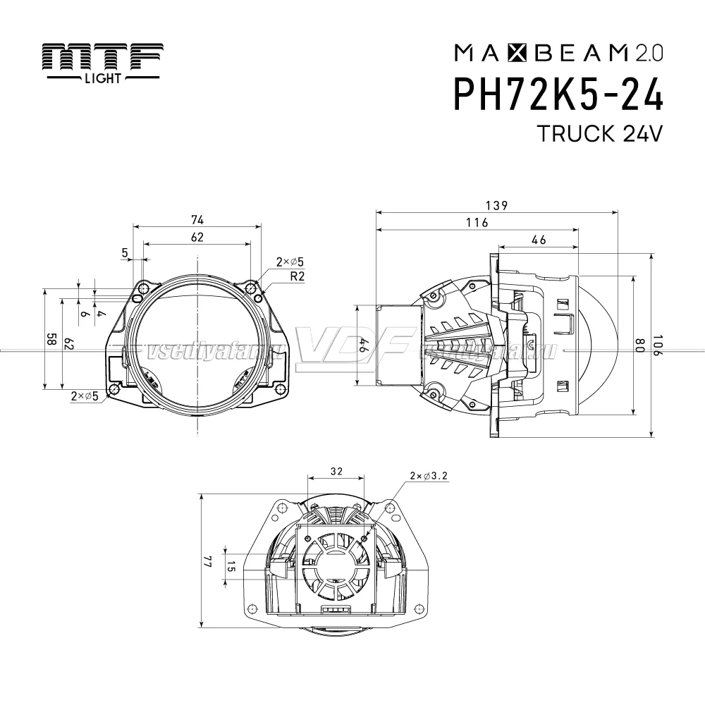 Светодиодные линзы MTF Light MaxBeam 2.0 TRUCK 24V 5500K Bi-Led (комплект 2 шт) PH72K5-24