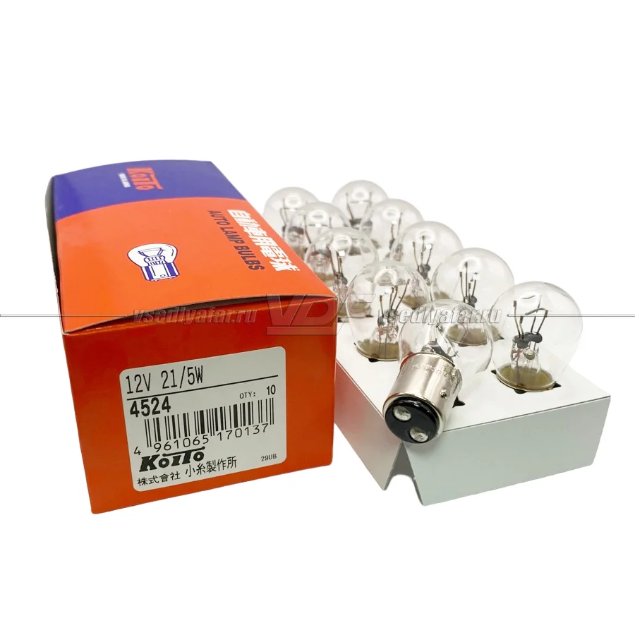 Лампа галогенная Koito P21/5W 10шт, 12V, 21W, 4524
